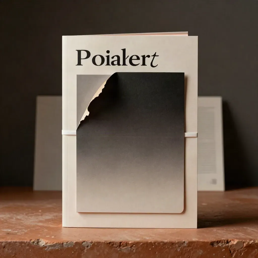 Raport i booklet stojące na terrakotowym postumencie w ciemnym studiu.